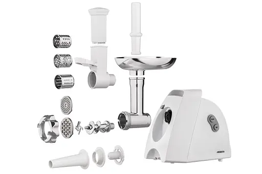 ARDESTO М'ясорубка, 1900Вт, 1.8кг/хв, 3 решітки, насадка для ковбас, кеббе, 4 терки, пластик, білий - фото 6