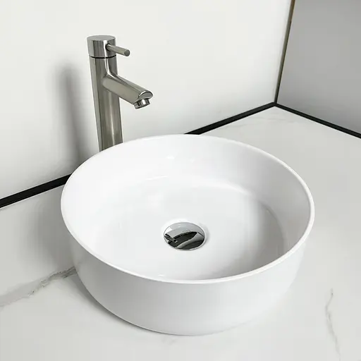 Раковина Adamant умивальник ARENA штучний камінь кругла без переливу 360х113мм накладний білий - фото 2