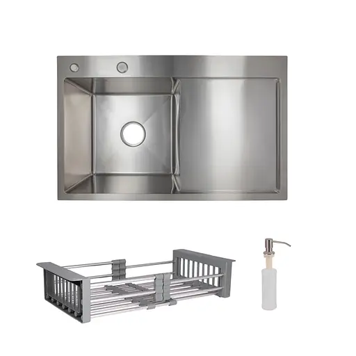 Кухонна мийка Lidz Handmade H7849R інтегрована крило зправа Brushed у комплекті з дозатором та корзиною, Нержавіюча сталь - фото 1