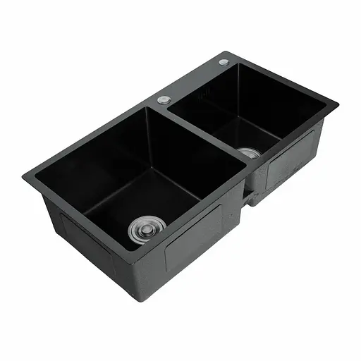 Кухонна мийка 78x43 PVD чорна на дві чаші Platinum Handmade HDB (круглий сифон, 3.0/0.8), Чорний - фото 2