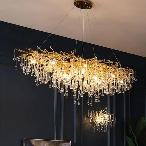 Люстра золотая удлиненная с хрустальными капельками 120×60 см | Line F | Ст. 705L-1200 GD+CL - фото 1