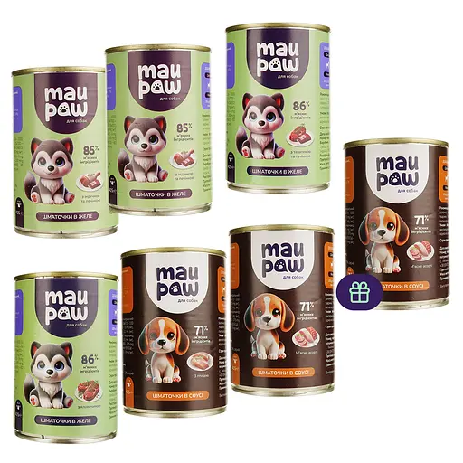 Набор влажного корма для взрослых собак MAU PAW кусочки в желе 2.905 кг (6 шт. + 1 шт. подарок х 415 г)