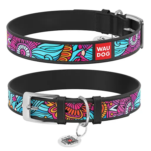 Ошейник для собак кожаный Waudog Design с QR-паспортом "Лето" XXS Ш 12 мм Д 18-24 см черный