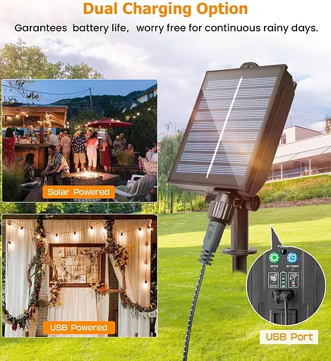 LITOHOM Солнечные гирлянды для улицы, 14M/46FT G50 солнечные гирлянды для улицы, 30 лампочек с USB-портом и пультом дистанционного - фото 4