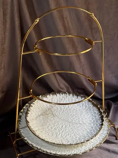 Фруктовница трехъярусная 45 см на металлической подставке керамическая тарелка 21x26x30 см Белый - фото 4