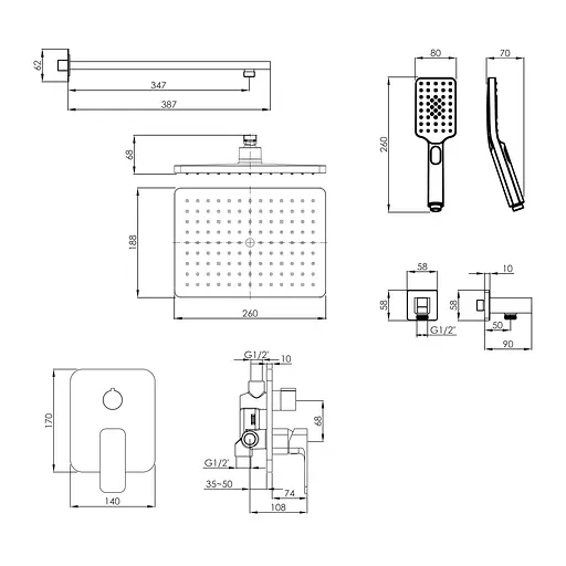 Душова система прихованого монтажу Imprese Bilovec верхній душ 260x188 мм ABS, лійка 3 режими хром t03000901SQС, Хром - фото 2