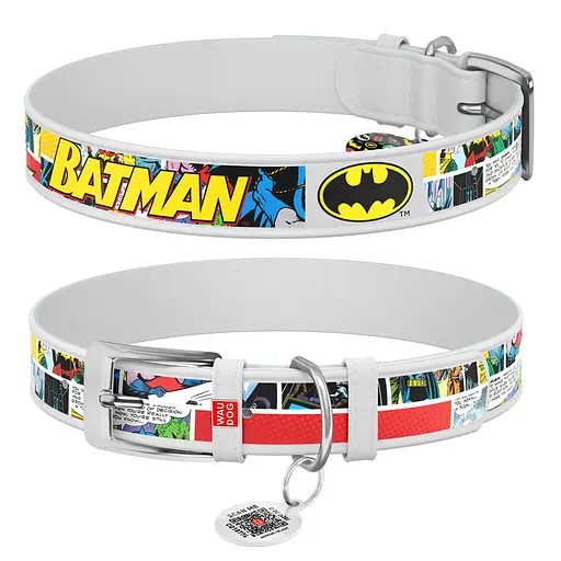Ошейник для собак кожаный Waudog Design с QR-паспортом "Бэтмен1" Ш 35 мм Д 46-59 см белый
