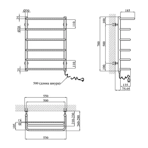 Рушникосушарка електрична Kroner Скоба ДСп04ER 700x500/6 ER з полицею CV014718, Хром, Праве - фото 2