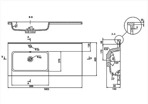 Раковина глянцевая врезная Amidicon Rodeo 100L 1000x450 из литого камня RODEO_100L_HL, Белый - фото 6