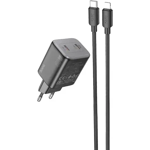 Сетевое зарядное устройство с кабелем Hoco N42 Elogiado dual-port PD45W(2C) charger set(C to iP) черный - фото 1