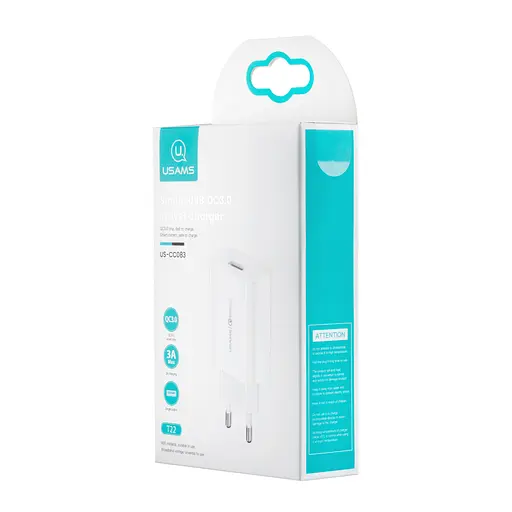 Мережевий зарядний пристрій Usams CC083 T22 Single USB QC3.0 Travel Charger ( EU ) Білий - фото 2