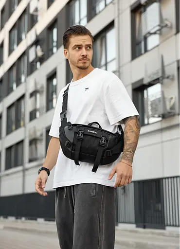 Большая мужская сумка бананка Sambag DynamicDart черная тканевая 38 × 21 × 7 см (80411701m) - фото 1