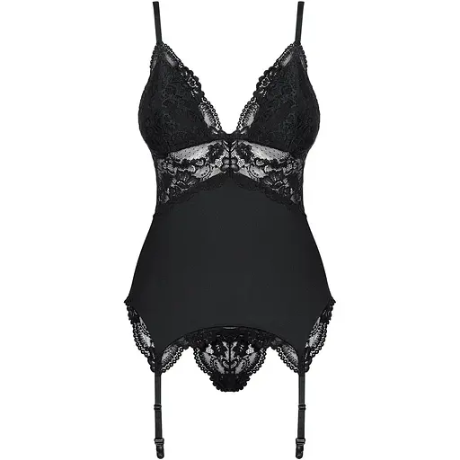 Сатиновый кружевной корсет Obsessive 810-COR-1 Babydoll & Thong S/M, черный, корсет, танга
