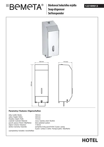 Дозатор для рідкого мила Bemeta Hotel настінний нержавіюча сталь глянець 123109013, Хром - фото 2
