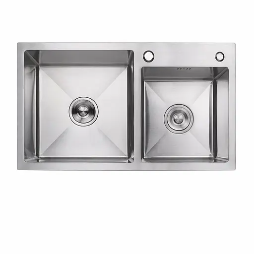 Кухонная мойка 75x41 нержавейка на две чаши Platinum Handmade (круглый сифон, 3.0/0.8), Нержавеющая сталь - фото 1