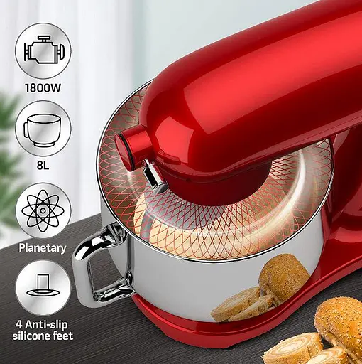 Кухонный комбайн планетарный Cookdeyi миксер тестомес 1800 Вт чаша 8 л SM 1522NM red - фото 3