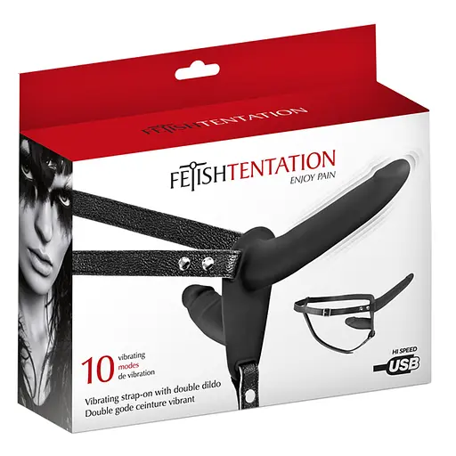 Двойной страпон с вибрацией на ремешке Fetish Tentation 15 см черный