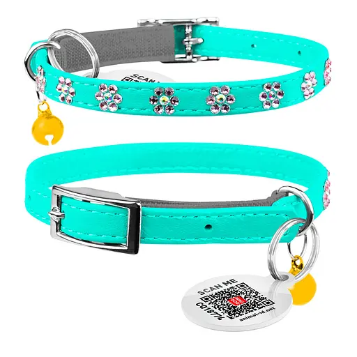 Ошейник Waudog Glamour с резинкой клеевыми стразами "Цветок" для кошек (ширина 9мм длина 22-30см) ментоловый