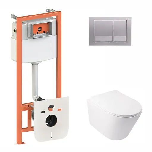 Набор Qtap инсталляция 3 в 1 Nest QT0133M425 с панелью смыва квадратной QT0111M06029SAT + унитаз с сиденьем Swan QT16335178W, Белый - фото 1