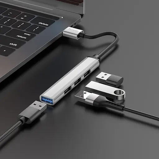 Usb-хаб Hoco HB26 4 in 1 adapter (Usb to Usb3.0+Usb2.0x3) Темно-сірий - фото 2