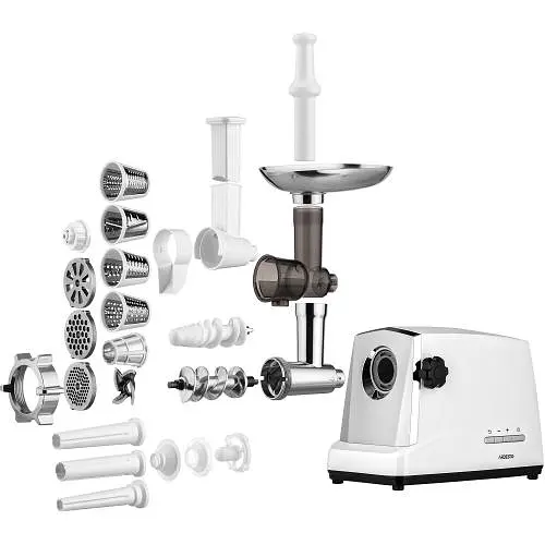 М'ясорубка Ardesto MGA-2300J, White/Silver, 1750Вт, 3 диски, 2кг/хв, соковижималка для томатів та ягід, тертка/шатківниця, насадки домашніх ковбасок та кеббе, для картоплі, реверс - фото 1