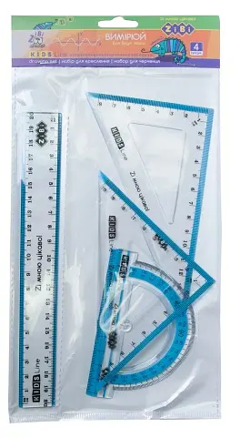 Комплект, лінійка 20 см, 2 косинці, транспортир, з блакитною смужкою