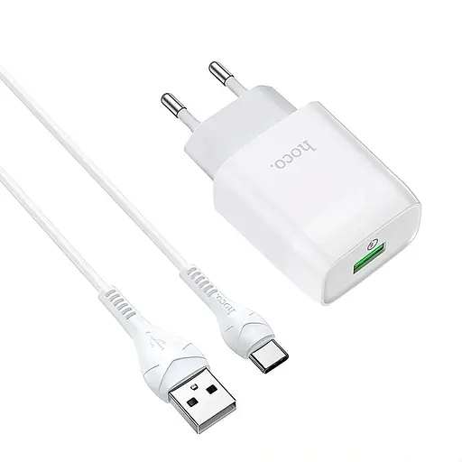 Мережевий зарядний пристрій Hoco C72Q з кабелем Type-C підтримкою QC3.0 1 x USB 3.0 A 18 Вт білий - фото 2