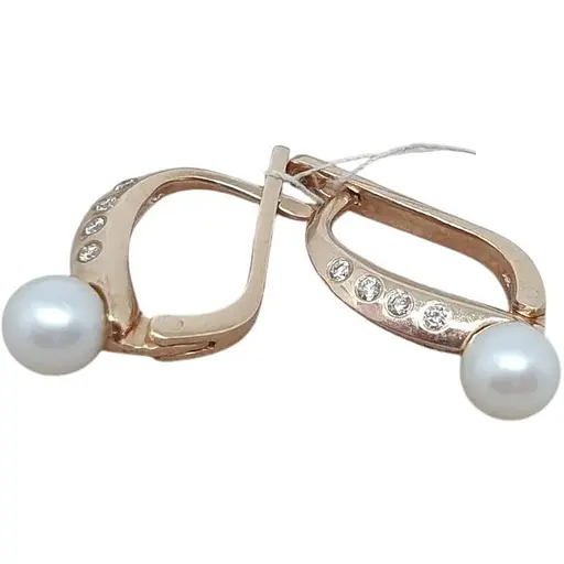 Золоті сережки ЮЗ "Багет" з діамантами і перлами. Артикул 702090