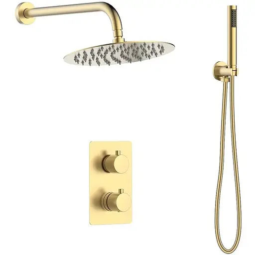 Душевая система скрытого монтажа с термостатом Volle Sistema r верхний душ d300 мм SS, лейка стик 1 режим латунь cepillado oro 1585.090115, Золотой - фото 1