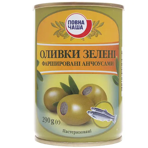 Уцінка. Оливки Повна Чаша зелені фаршировані анчоусами 290 г (702567)  - фото 1