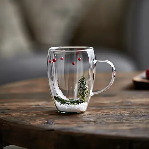 Чашка скляна з подвійними стенкаміс новорічним декором гілочка з ялинки 350 мл Yiwu 64486-44 - фото 2