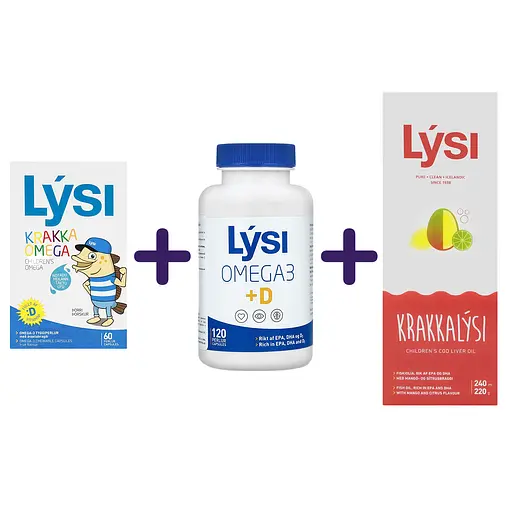 Сімейний набір Омега-3 Lysi : для дітей з вітаміном D3 №60 + комплекс з вітаміном D3 капсули 500 мг №120 + Kids з печінки тріски та тунця з вітамінами A, D, E + DHA240 мл
