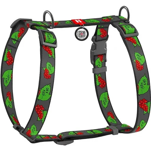 Шлейка для собак Waudog Nylon анатомическая H-образная с QR-паспортом, материал нейлон, рисунок "Калина", пластиковый фастекс, размер L