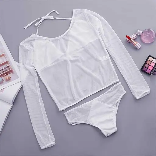 Сексуальний комплект у сітку (топ, ліф, труси) XS/S білий K1004-2 - фото 3