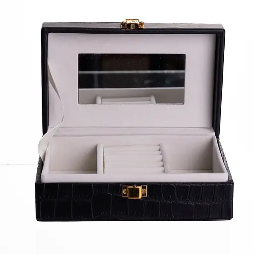 Шкатулка для украшений из экокожи 3 отделения с зеркалом 16×10×6 см Органайзер для украшений Черный Yiwu HP-5-18B - фото 4