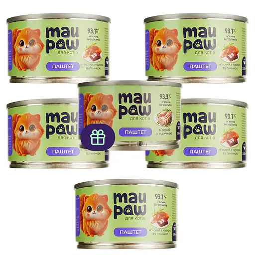 Набор влажного корма для взрослых кошек MAU PAW паштет с курицей и печенью 5 шт. х 100 г + подарок Влажный корм для взрослых кошек MAU PAW паштет с индейкой 1 шт. х 100 г