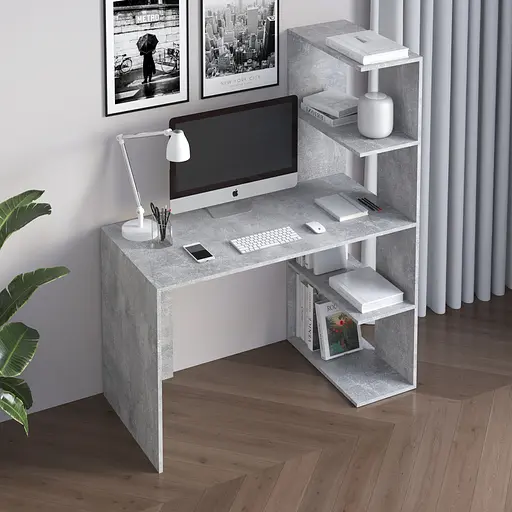 Комп’ютерний стіл Vays M-17 Бетон, письмовий з боковим стелажем зправа, ЛДСП, 120×60×148 см - для дому, навчання, офісу