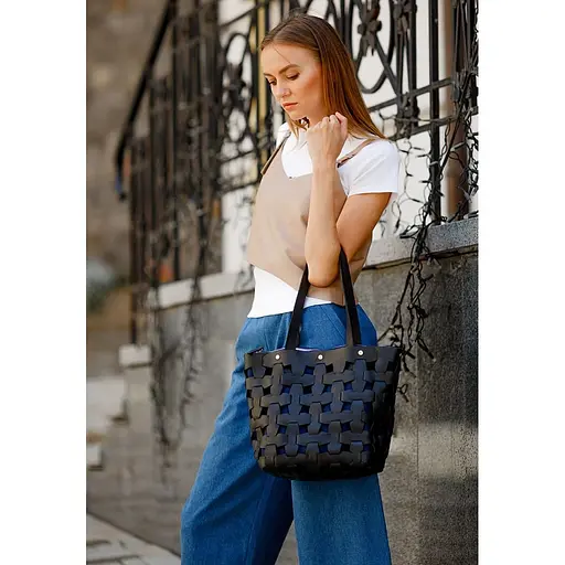 Шкіряна плетена жіноча сумка Пазл L чорна Crazy Horse - фото 7