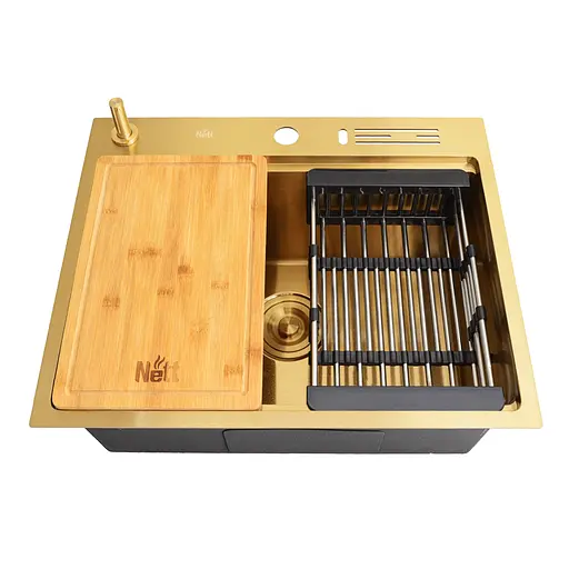 Кухонная мойка золотая из нержавеющей стали 1.5 мм многофункциональная Nett NG-5747, Золотой - фото 6