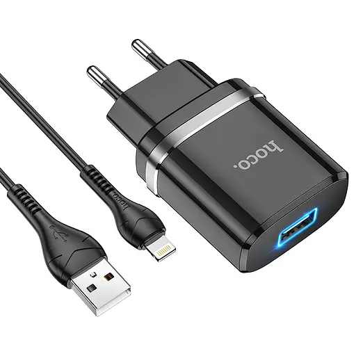 Блок-адаптер питания с подсветкой HOCO N1 Ardent charger set набор с кабелем Lightning черный - фото 2