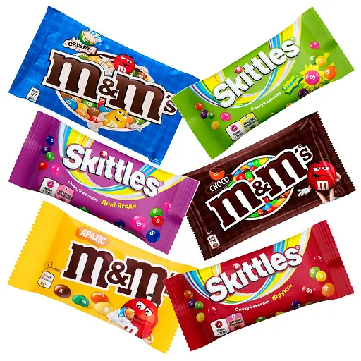 Набір драже M&M's: із шоколадом 45 г + з рисовими кульками у молочному шоколаді 36 г + з арахісом 45 г; драже Skittles: оригінальні 38 г + лісові ягоди 38 г + кисломікс 38 г