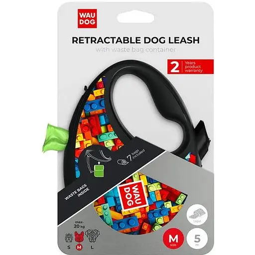Поводок-рулетка для собак Waudog R-leash с контейнером для пакетов, рисунок "Блоки", светоотражающая лента, M, до 20 кг, 5 м - фото 6