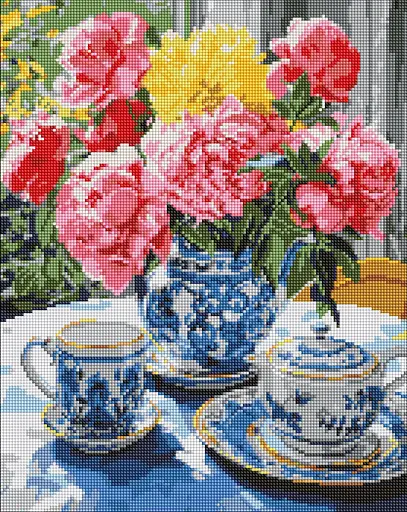 Набір з алмазною мозаїкою на підрамнику Чаювання на веранді Ideyka AMO7968, 40x50 см