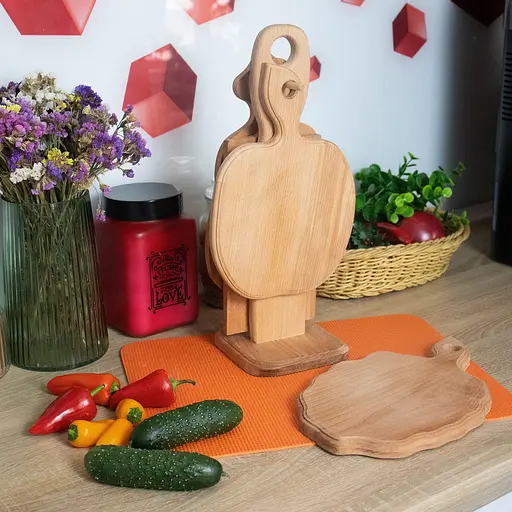 Комплект из четырех деревянных разделочных досок с подставкой для кухни, Woodly Коричневый 85901 - фото 5