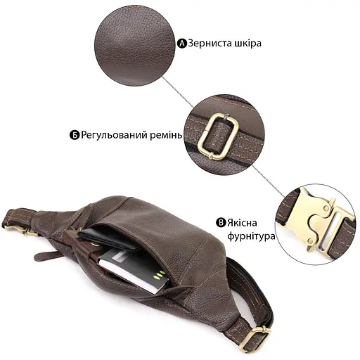 Модна сумка-бананка для чоловіків із натуральної зернистої шкіри SHVIGEL 34х12х4 см sum0027405 - фото 4