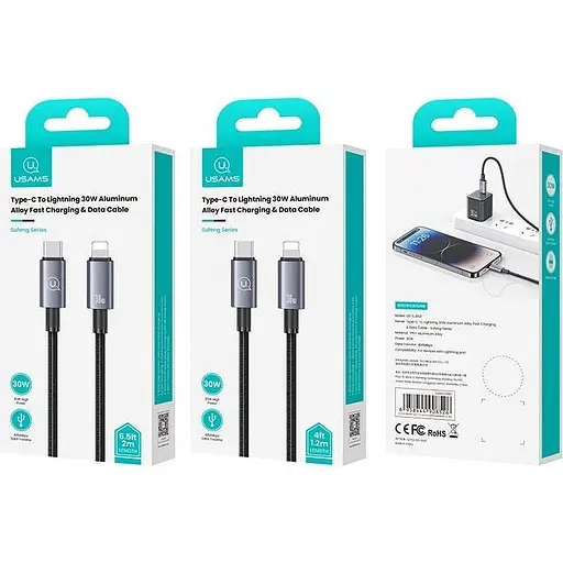 Кабель Usams US-SJ662 USB-C to Lightning 30W 3A 1.2m Tarnish (SJ662USB01) черный [138986] - фото 7