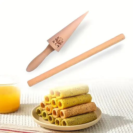 Дерев'яна форма-конус та паличка для згортання вафель та трубочок надання форми вафельним ріжкам 87911 - фото 5