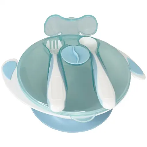 Тарелка на присоске с ложкой и вилкой MGZ-0109(Light-Blue) 350 мл