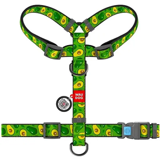 Шлея для собак Waudog Nylon анатомічна H-подібна з QR-паспортом, малюнок "Авокадо", пластиковий фастекс, S - фото 2