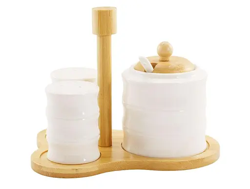 Набір для спецій та цукорниця на дерев'яній підставці порцеляновий Interos 3 предмети білий (PJ03753)